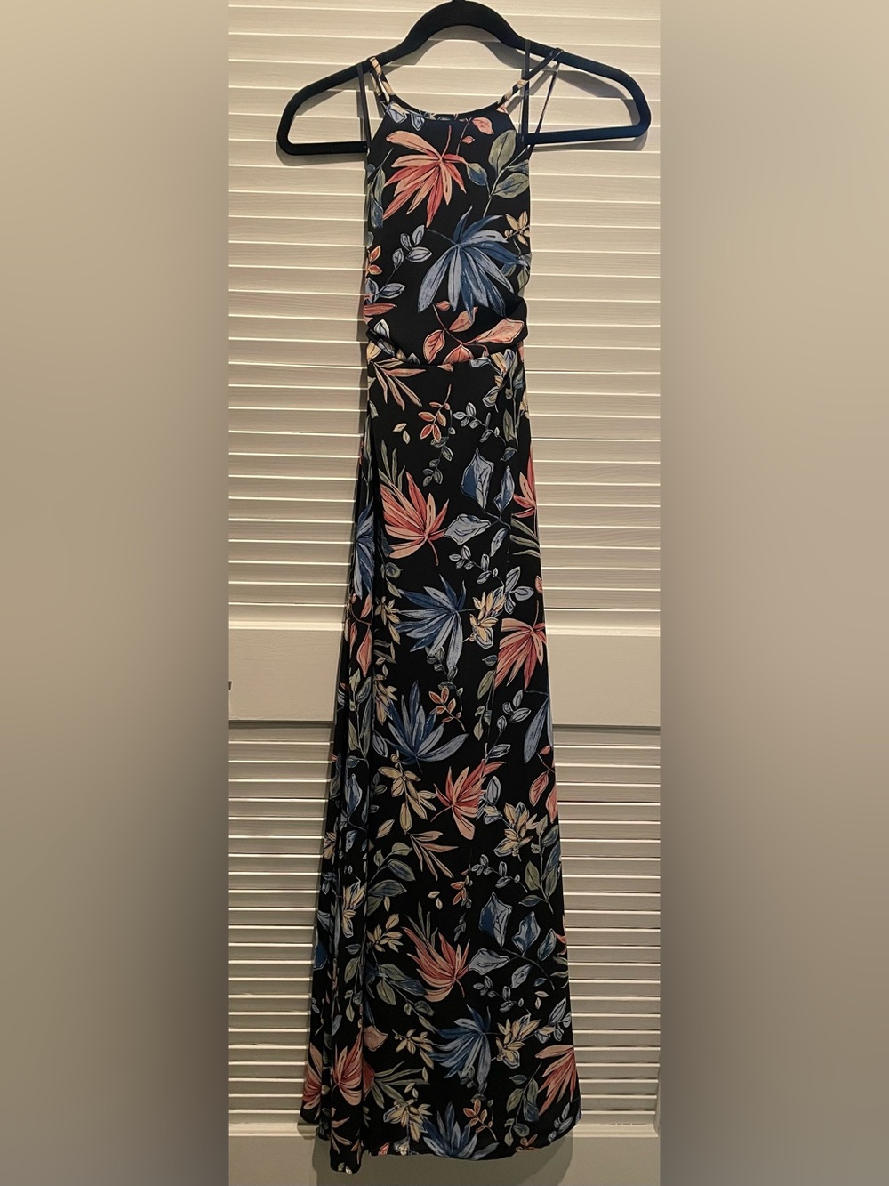 Lulu's Black Floral Halter Maxi Dress with Multicolor Leaves